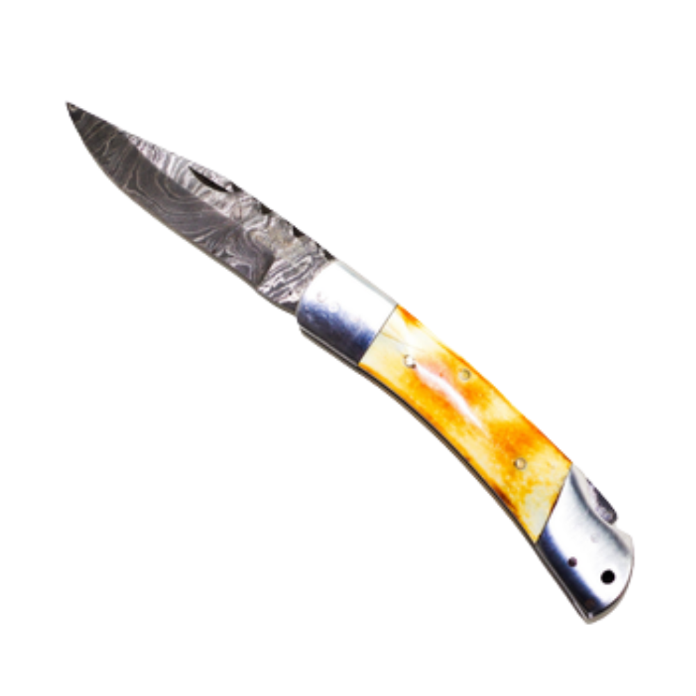 8.5" Damascus Folding Pocket Knife – Bone Handle, Gift for Him & Dad
