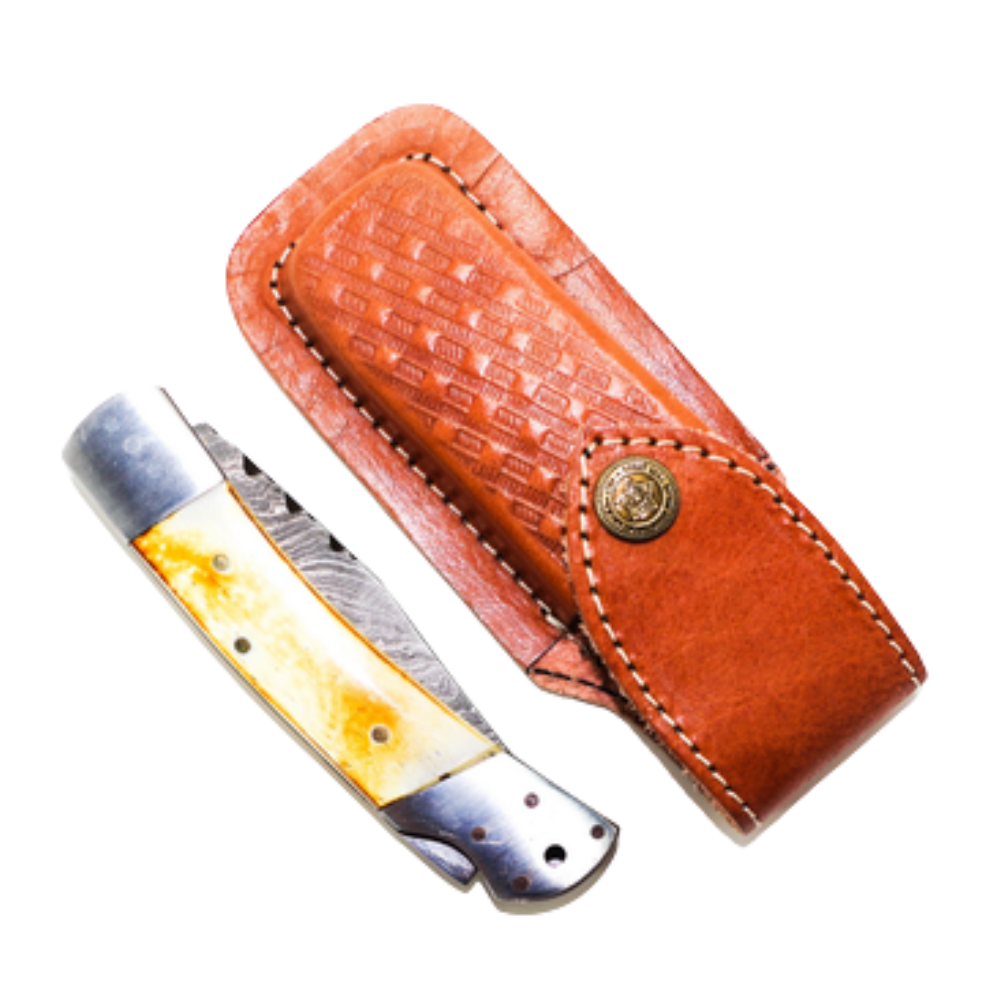 8.5" Damascus Folding Pocket Knife – Bone Handle, Gift for Him & Dad