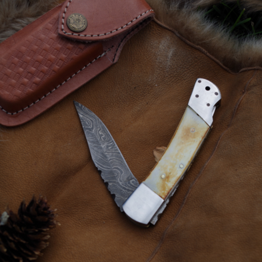 8.5" Damascus Folding Pocket Knife – Bone Handle, Gift for Him & Dad