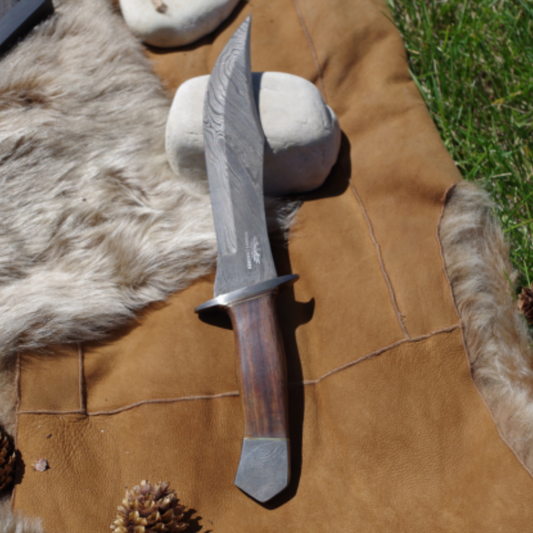 13" Damascus Steel Knife – Rosewood Handle & Steel Guards