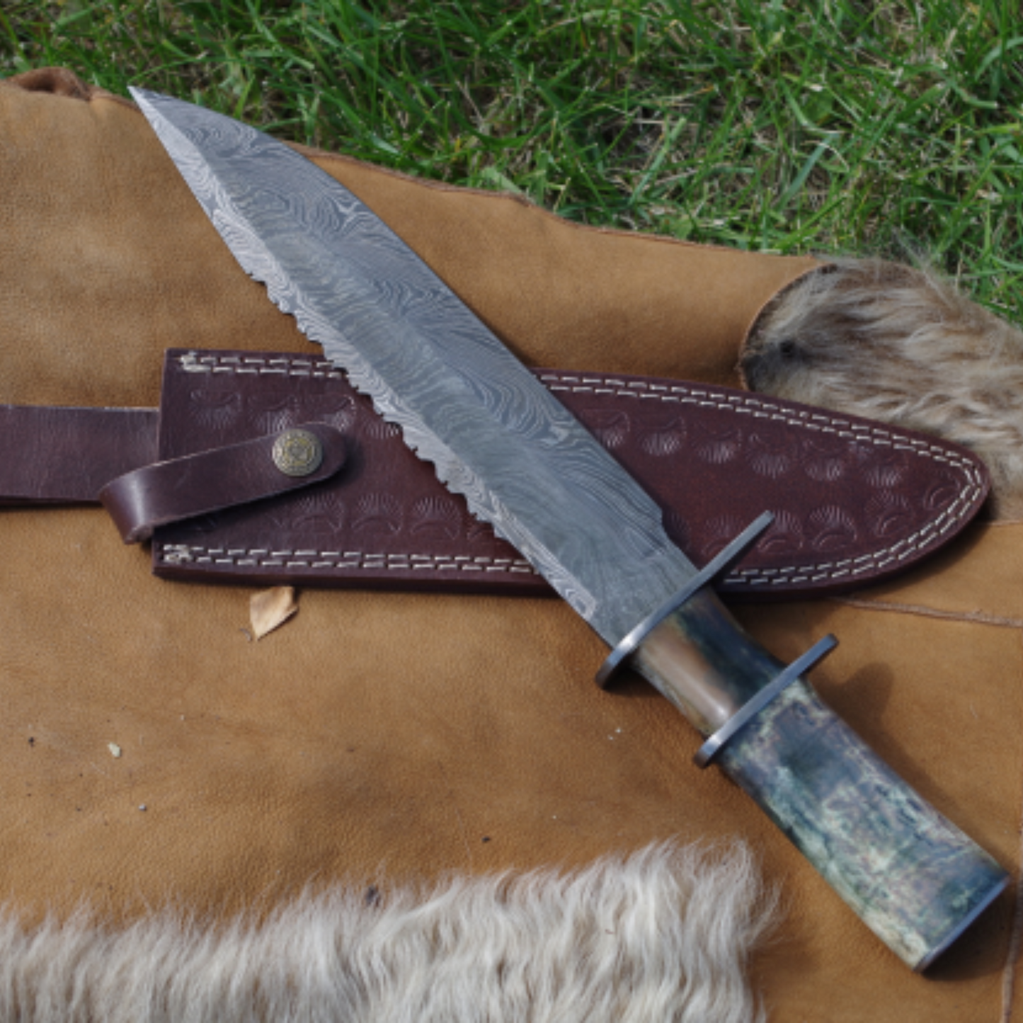 Handmade Damascus Steel Bowie Knife – 14.25" with Marindi Bone Handle