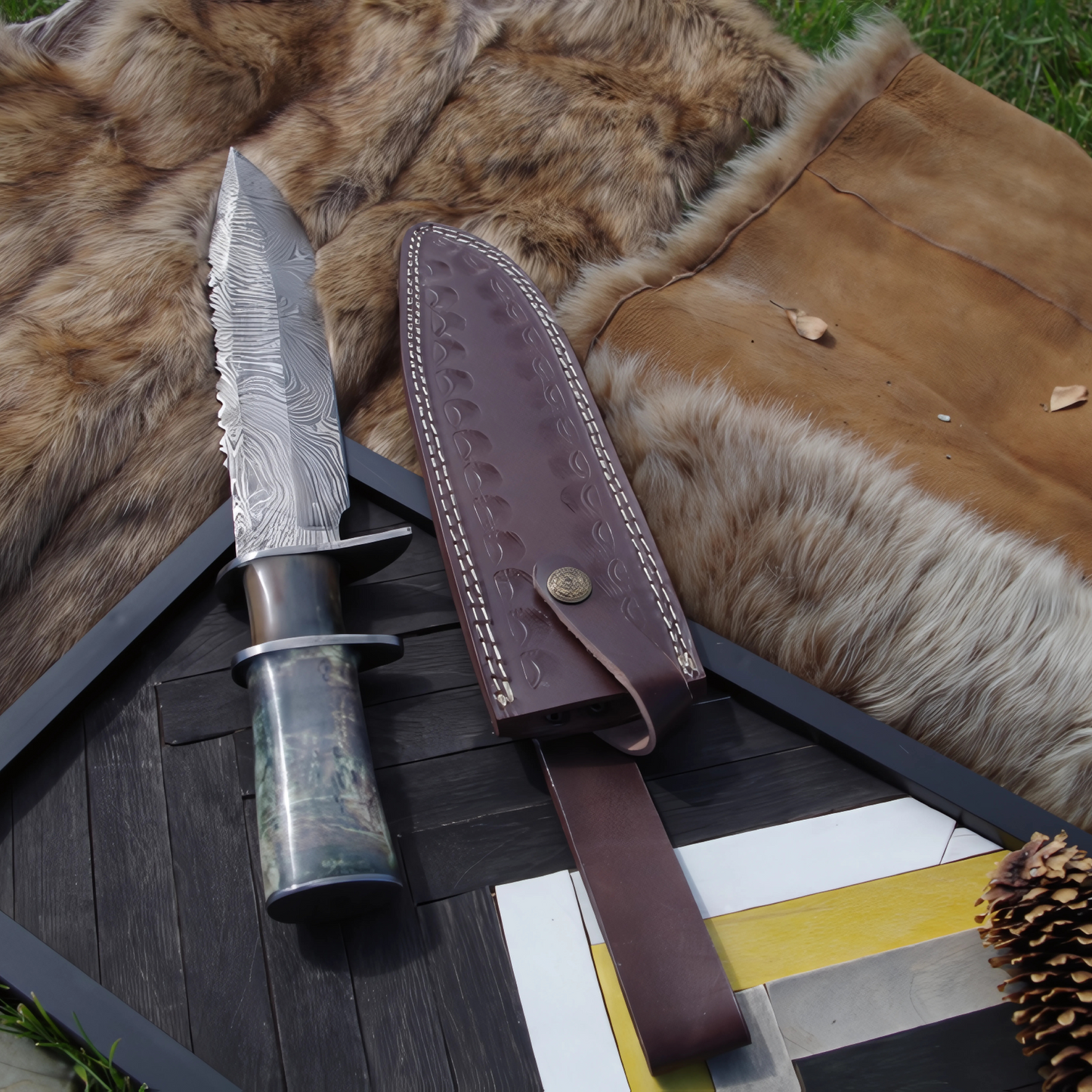 Handmade Damascus Steel Bowie Knife – 14.25" with Marindi Bone Handle