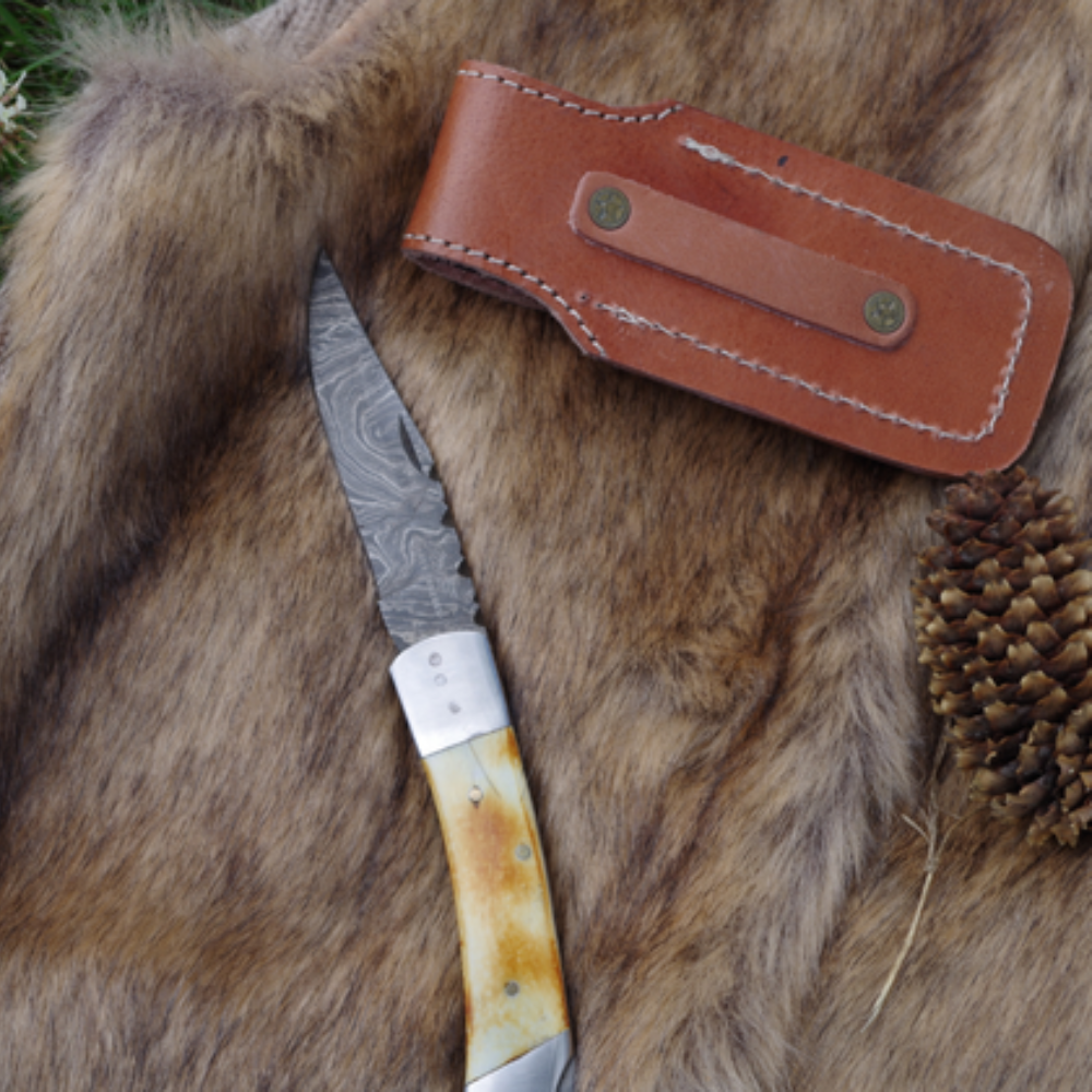 8.5" Damascus Folding Pocket Knife – Bone Handle, Gift for Him & Dad