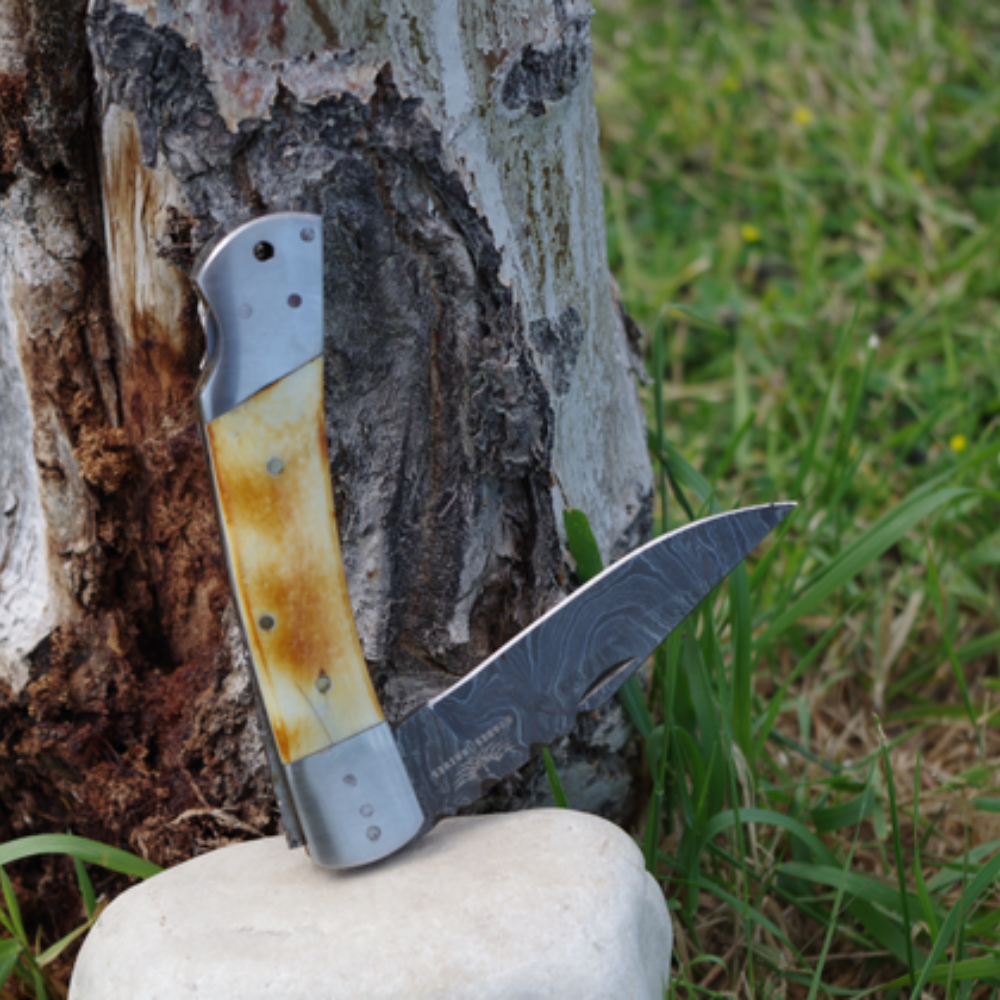 8.5" Damascus Folding Pocket Knife – Bone Handle, Gift for Him & Dad